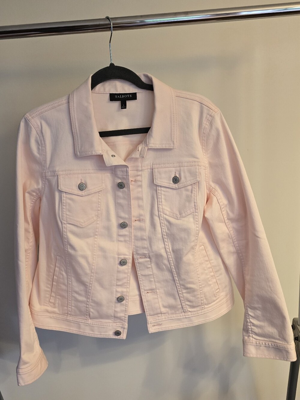 Talbots Pink Denim Jacket Button Down Collared Pockets Long Sleeve Size L